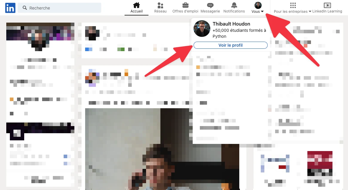 Accéder au profil Linkedin avec le menu Vous - Voir le profil