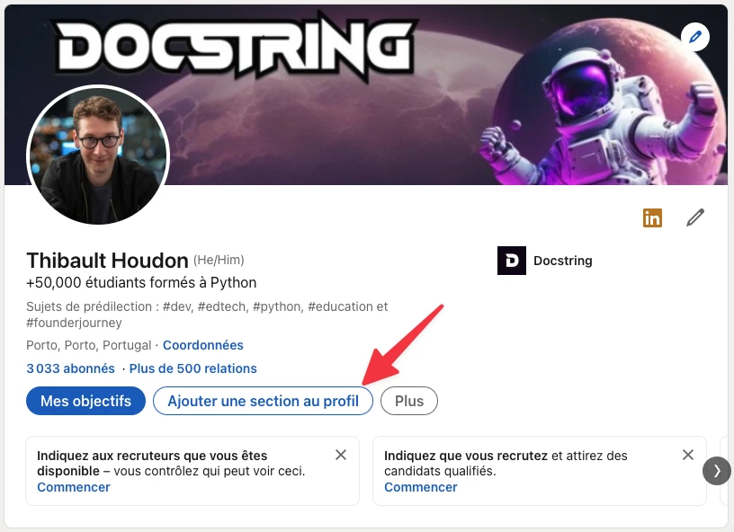 Bouton ajouter une section au profil