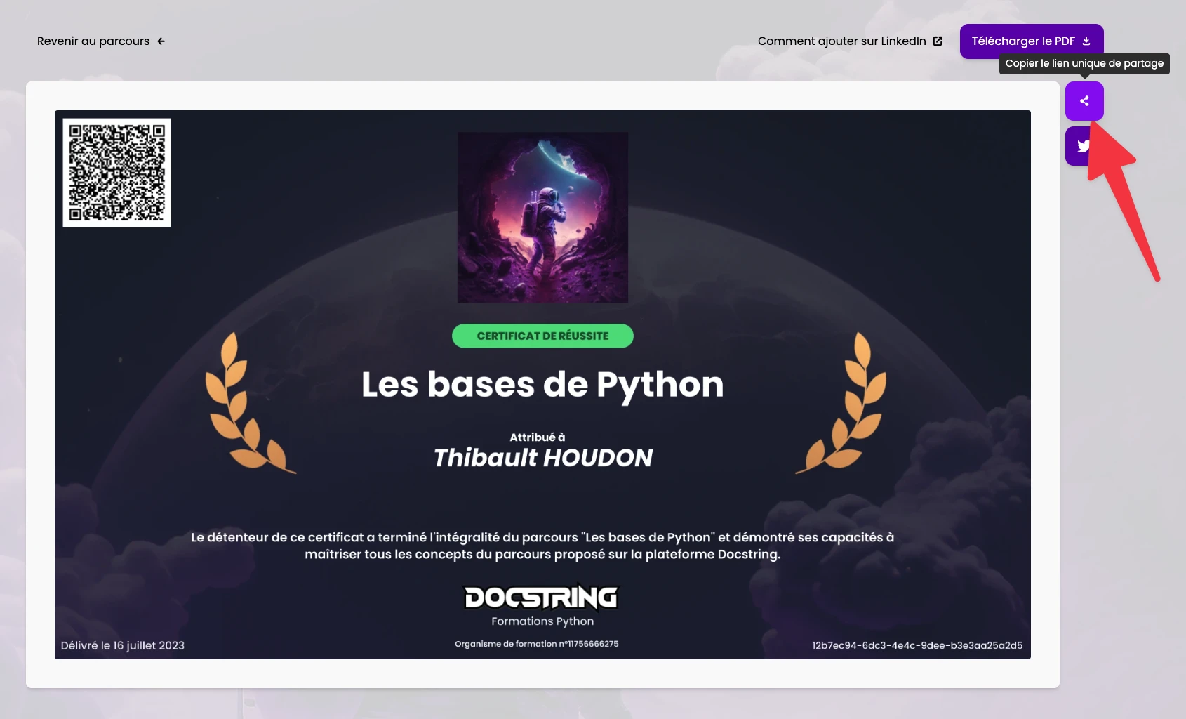 Lien de partage du certificat