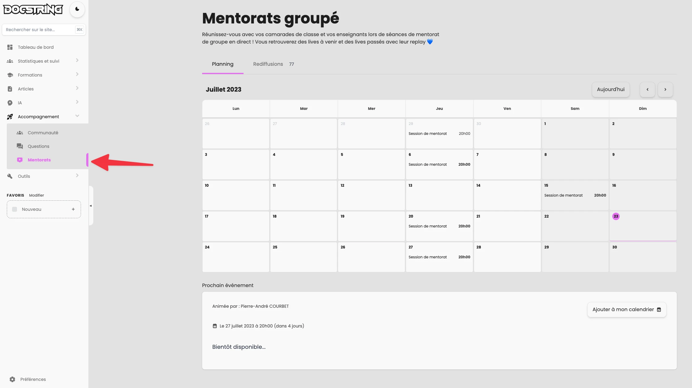 Programme des sessions de mentorat