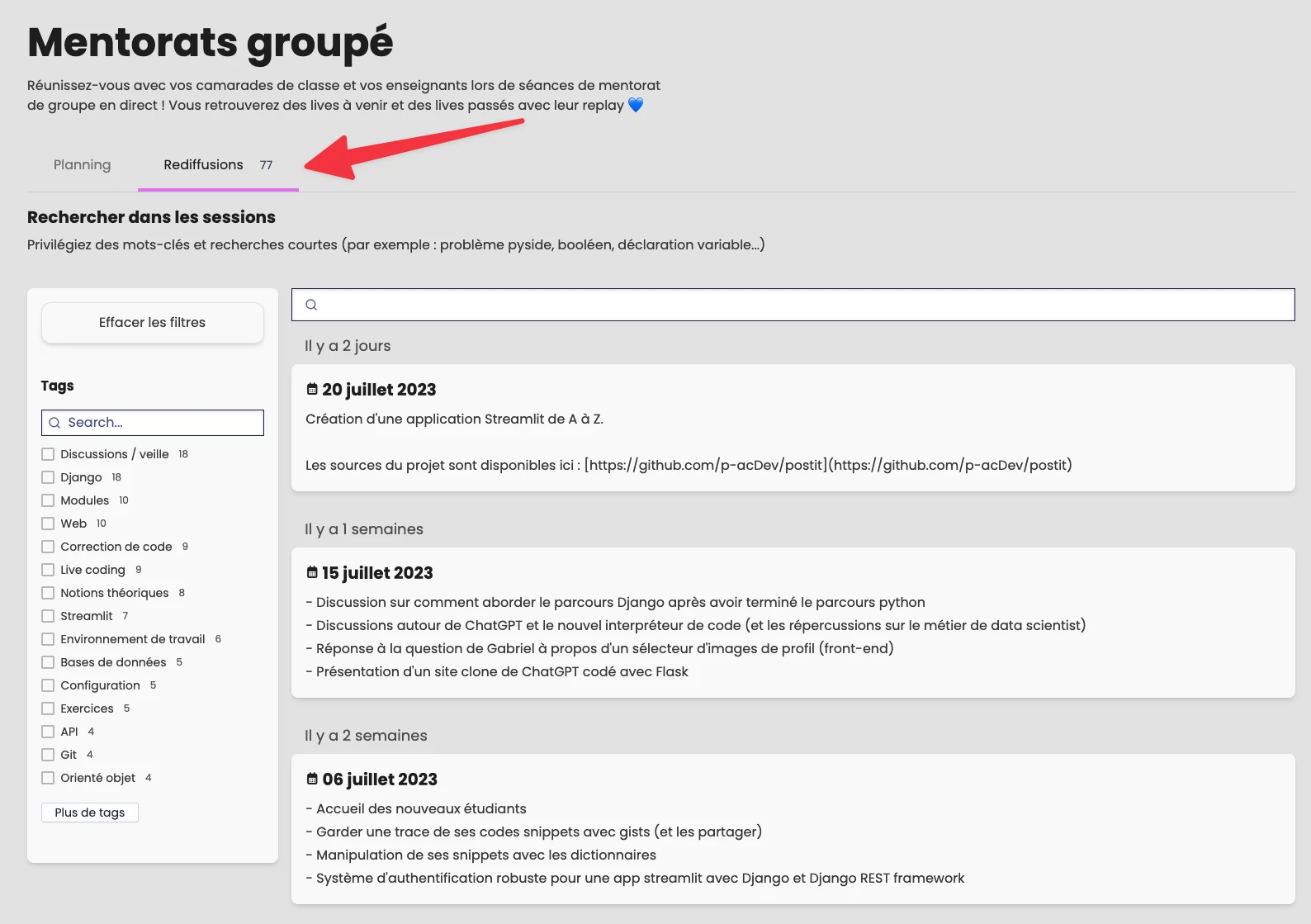 Rediffusion des mentorats