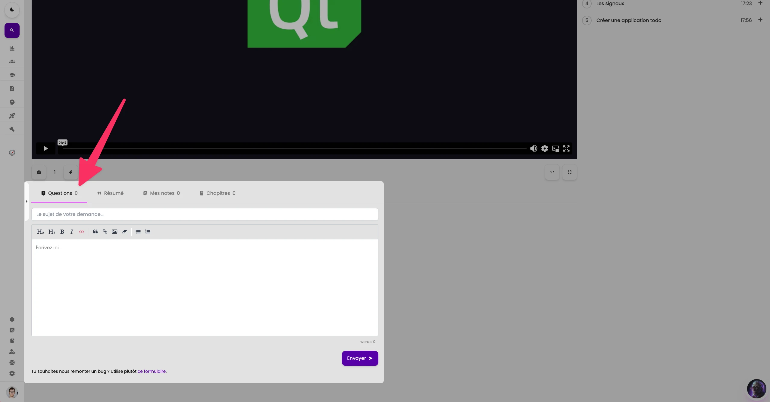 Onglet questions sous les vidéos