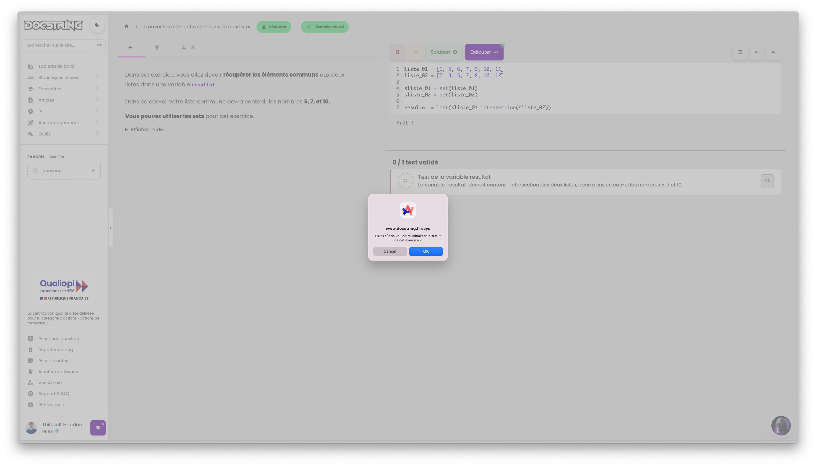 Confirmation réinitialisation
