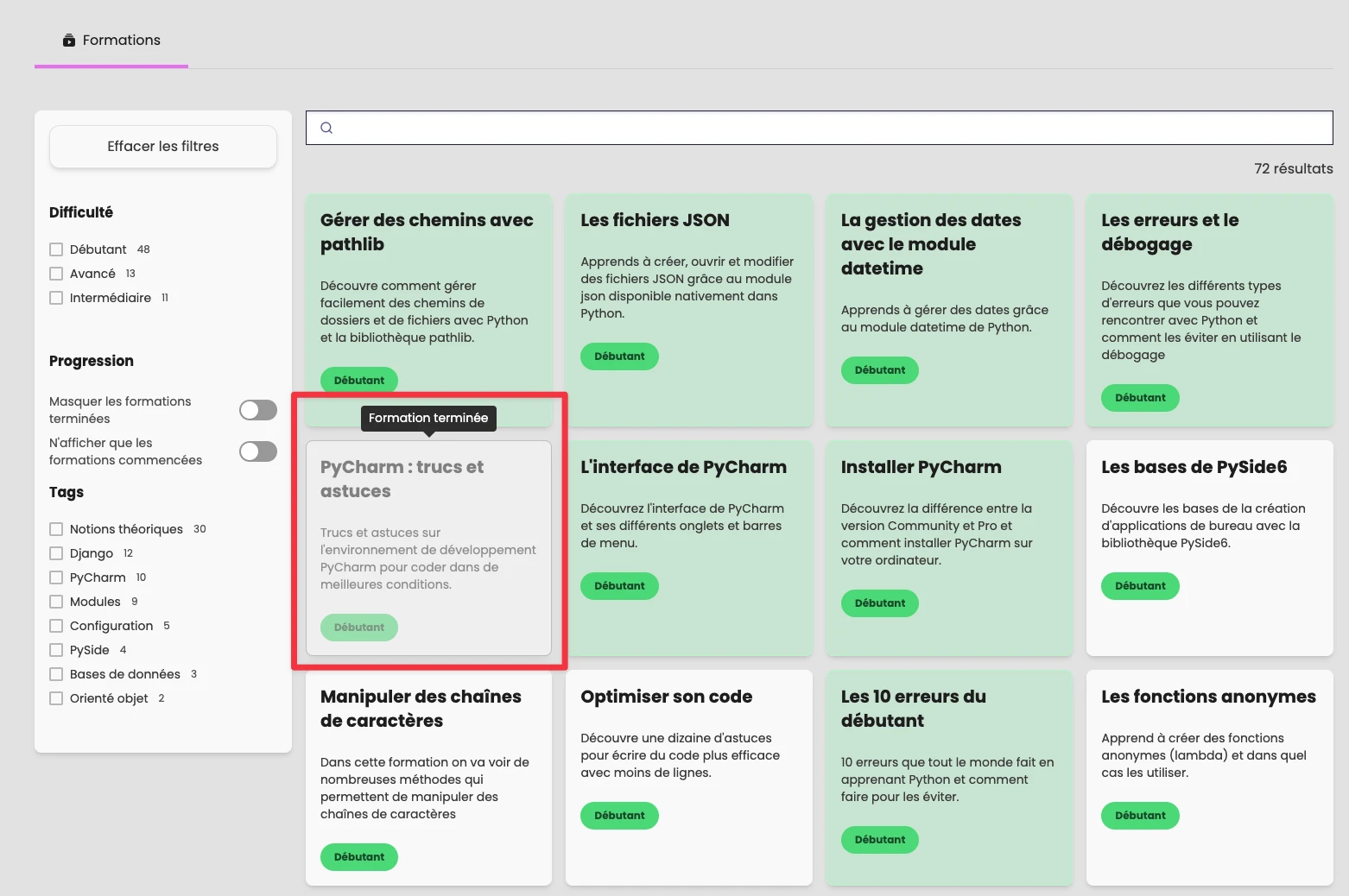 Aperçu des formations terminées