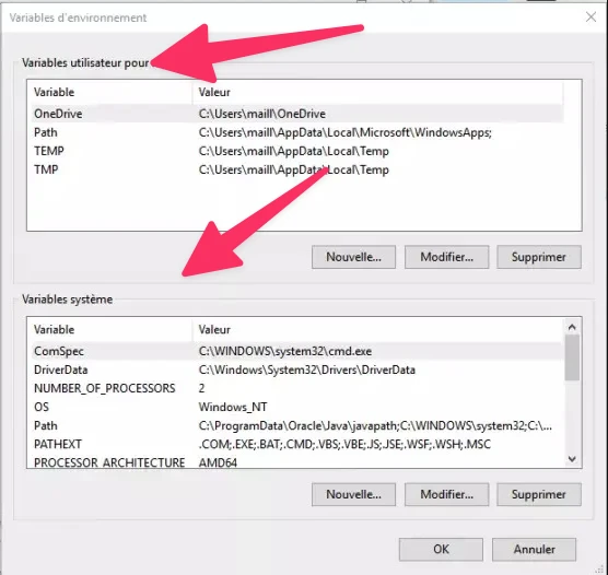 Variables env utilisateur et systeme