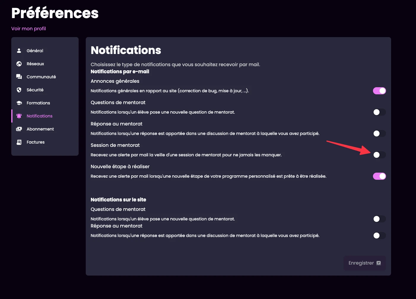 Session de mentorat notification